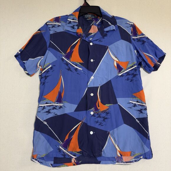 Vtg Polo Ralph Lauren Size Medium Sail Boat Nautical Shirt Hawaiian Custom Fit
